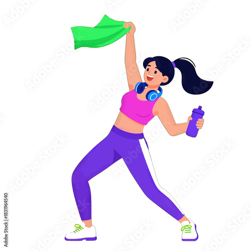 Energetic woman exercising with a green towel and water bottle