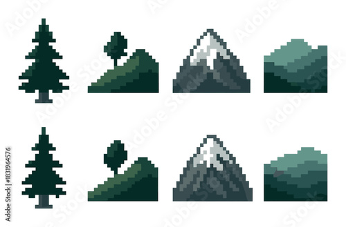 Pixel art landscape: trees, hills, snowy mountains, and forested peaks