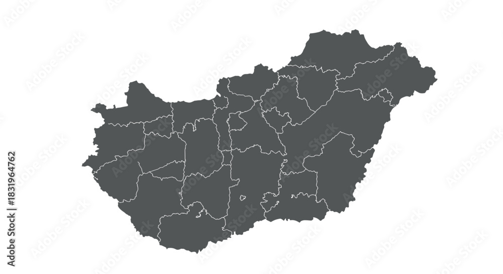 Obraz premium Outline map of hungary with regional borders in grayscale