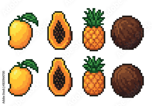 Pixel art tropical fruits collection: mango, papaya, pineapple, coconut