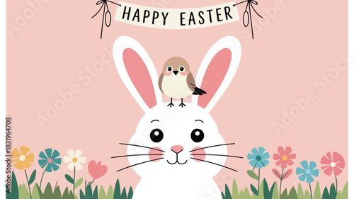 Cute cartoon white bunny with a bird on its head and colorful flowers celebrating happy easter
