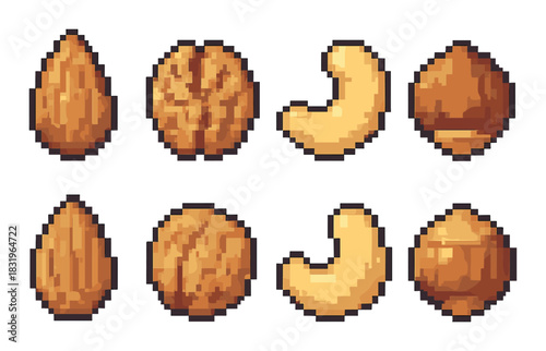 Pixel art nuts collection: almond, walnut, cashew, hazelnut in retro gaming style