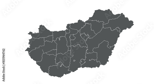 Outline map of hungary with regional borders in grayscale