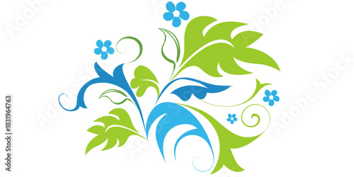 logo featuring green leaves and blue water waves, creating a minimalist, eco-friendly design. The background is white. This concept represents nature, gardening, hydroponics, and sustainability