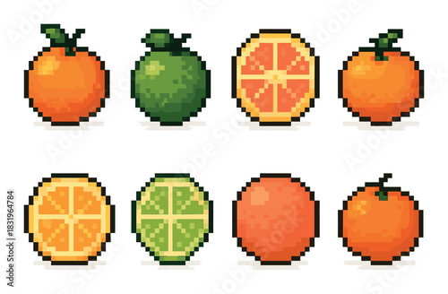 Retro pixel art orange and lime fruits on gradient background