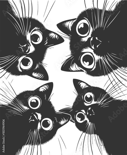 Adorable group of curious black cats with big eyes peering downward sketch engraving generative ai fictional character vector illustration. Scratch board imitation. Black and white image.