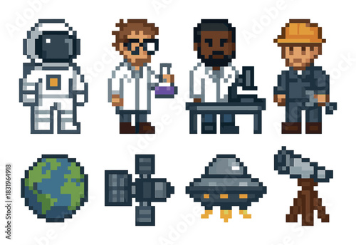 Pixel art characters in science and space themes