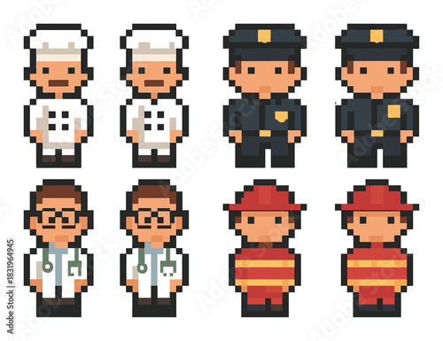 Pixel art characters: chef, police officer, doctor, firefighter in uniforms