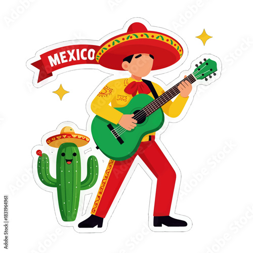 Festive Mexican guitarist with cactus and Mexico banner