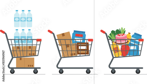 Cartoon Shopping Carts with Water Boxes Packaged Goods and Fresh Groceries Supermarket Concept Colorful Flat Vector Illustration