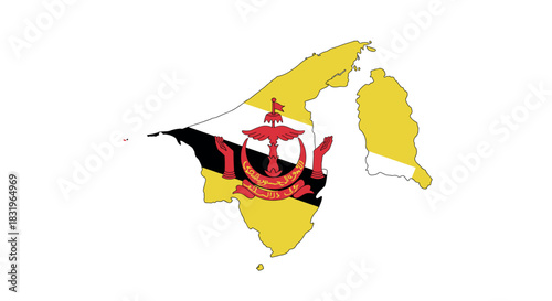 Brunei flag on map outline of southeast asian country