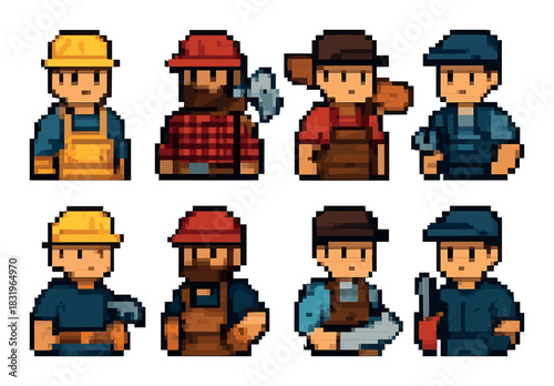 Pixel art workers in various uniforms and tools