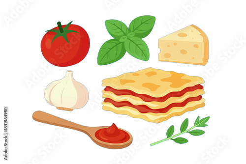 Flat design illustration of lasagna with ingredients