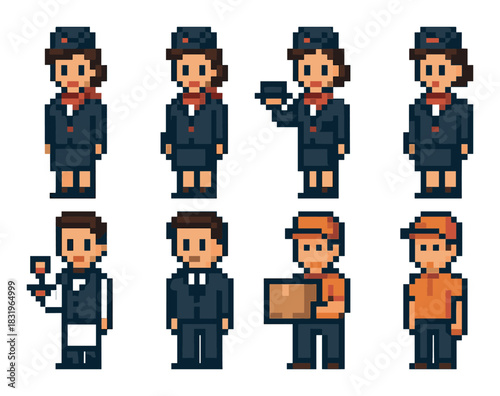 Pixel art characters in uniforms: postal and delivery workers, male and female, caucasian, adult
