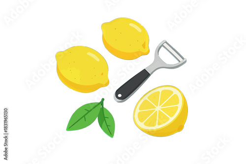 Fresh lemons with green leaves and a vegetable peeler