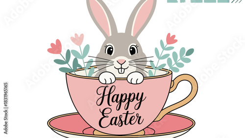 Cute easter bunny peeking out of a teacup with flowers and happy easter text