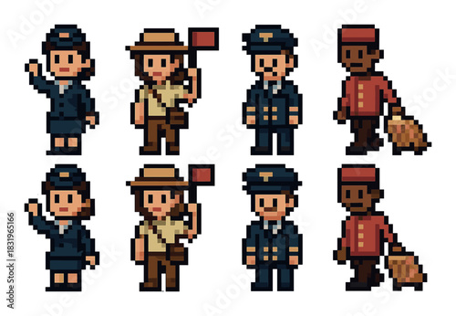 Pixel art characters: diverse professions and attire in 8-bit style