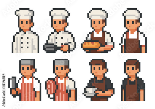Pixel art chefs and waiters in uniforms holding various kitchen items