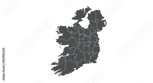 Detailed silhouette map of ireland with counties outlined