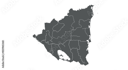Simple map of nicaragua showing departments with borders on white background