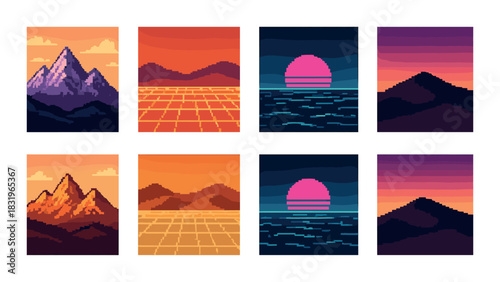 Retro pixel art landscapes featuring mountains and sunsets