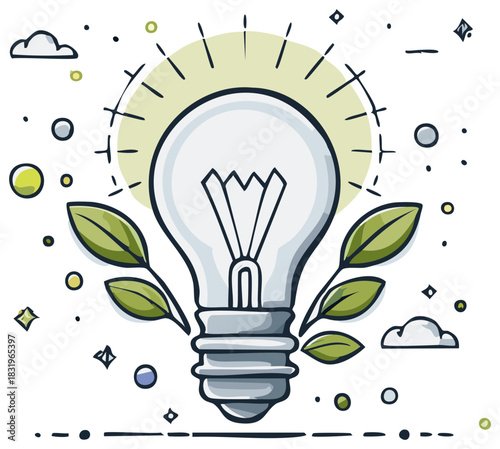 A glowing lightbulb with leaves and abstract elements symbolizing eco-friendly ideas and innovation