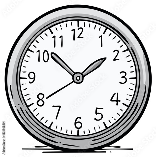 Hand drawn cartoon analog clock with grey frame showing time and schedule concept