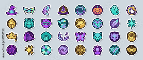 Fantasy and mystery icon set. containing wizard, mask, wings, pumpkin, ghost, dragon, knight, unicorn, butterfly, wolf. Vector collection