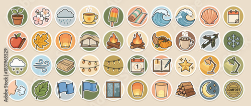 Seasonal and cozy icon set. containing tea, book, campfire, pumpkin, wave, leaf, calendar, lamp, moon, star, comfort and more. Vector collection