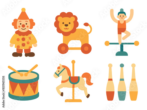 Colorful circus illustrations: clown, lion, acrobat, drum, horse, juggling pins