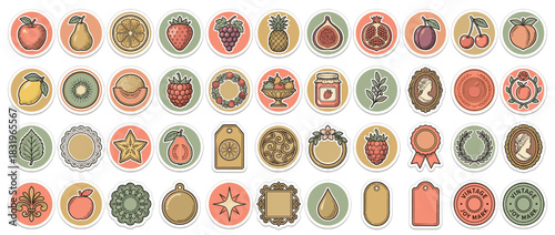 Vintage icon set with fruit, jar, cameo, medal, flower, tag, badge, citrus, berry, and herb designs. Vector collection
