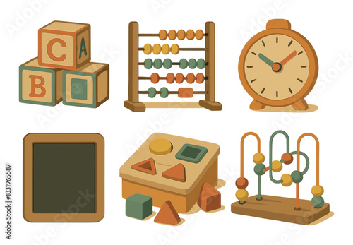 Colorful wooden educational toys for children: blocks, abacus, clock, chalkboard, shape sorter