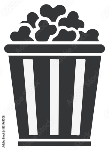 Monochromatic graphic illustration of a classic striped popcorn bucket filled with fluffy kernels, representing cinema snack time