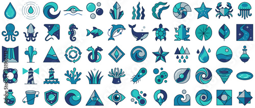 Marine life and ocean elements icon set. containing dolphin, wave, starfish, coral, fish, lighthouse, whale, jellyfish, and more. Vector collection