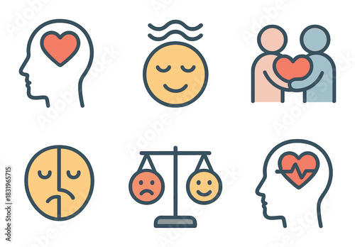 Emotional wellness icons depicting balance, connection, and mental health awareness