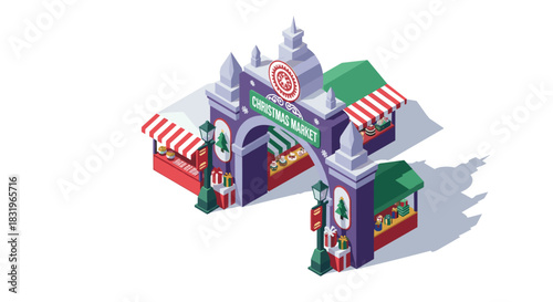 Festive isometric christmas market with colorful booths and decorated archway