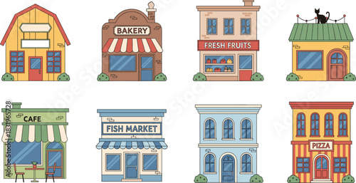 Cartoon Small Town Shop Buildings Collection with Bakery Cafe Market and Restaurant Exteriors Flat Vector Illustration Set