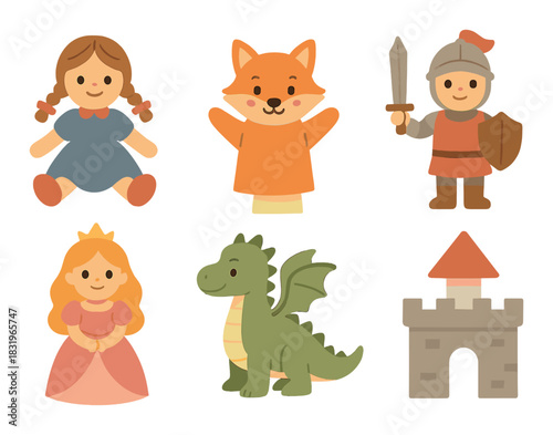 Cartoon characters: princess, knight, dragon, castle, fox, doll