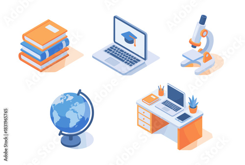 Education and technology icon set. containing books, laptop, microscope, globe, desk, and more. Vector collection