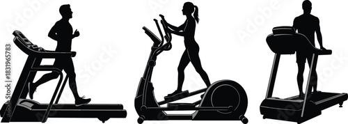 Silhouette vector illustration of treadmill and elliptical workouts—fitness equipment reference for gym training, cardio exercise, health, wellness, and motion
