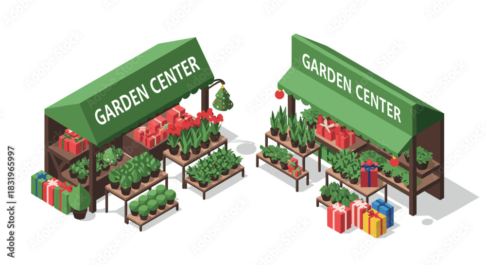 Naklejka premium Isometric garden center stalls with plants and holiday gifts