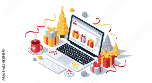 Online holiday shopping scene with laptop and festive decorations