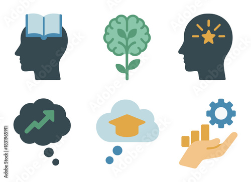 Mindset and learning icons: growth, education, and innovation