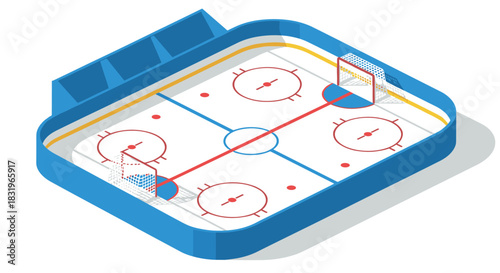 Isometric ice hockey arena with blue rink and red lines for sports design