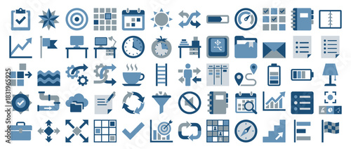 Business and productivity icon set. containing graph, chart, calendar, clock, folder, envelope, checklist, location and more. Vector collection