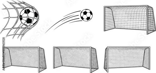 Silhouette vector illustration of soccer goals and ball motion—sports equipment reference for design, education, training, scoring, and athletic visuals