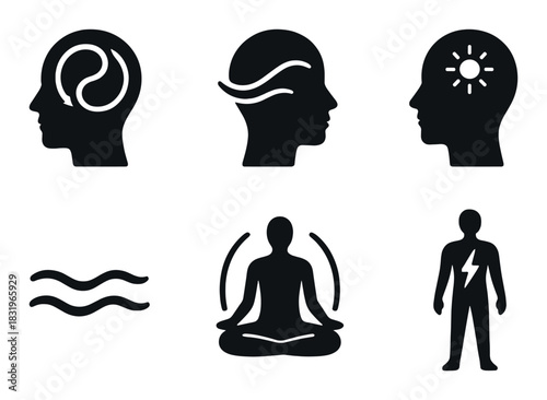 Minimalist icons depicting mindfulness meditation energy and wellness concepts