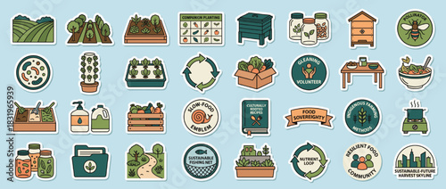 Sustainable gardening and farming icon set. featuring planting, composting, ecosystem, biodiversity, community, and more. Vector collection