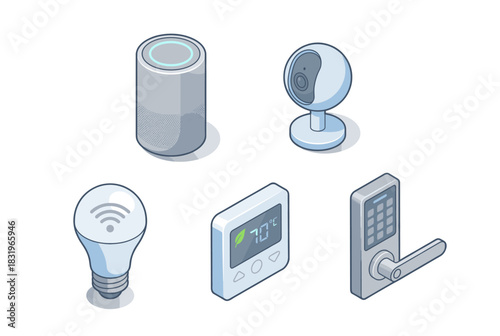Smart home icon set. containing speaker, camera, light bulb, thermostat, door lock and more. Vector collection