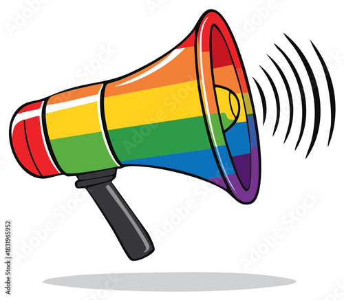 Rainbow colored megaphone broadcasting sound waves for equality and advocacy